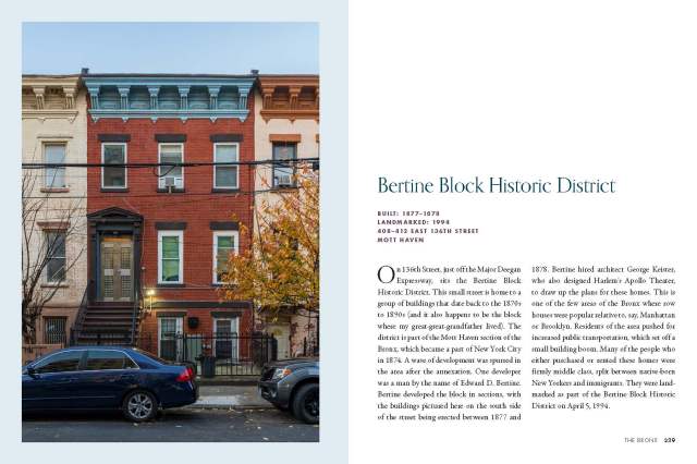 Hidden Landmarks of New York interior spread #3 featuring the Bertine Block historic district in Mott Haven, the Bronx, New York